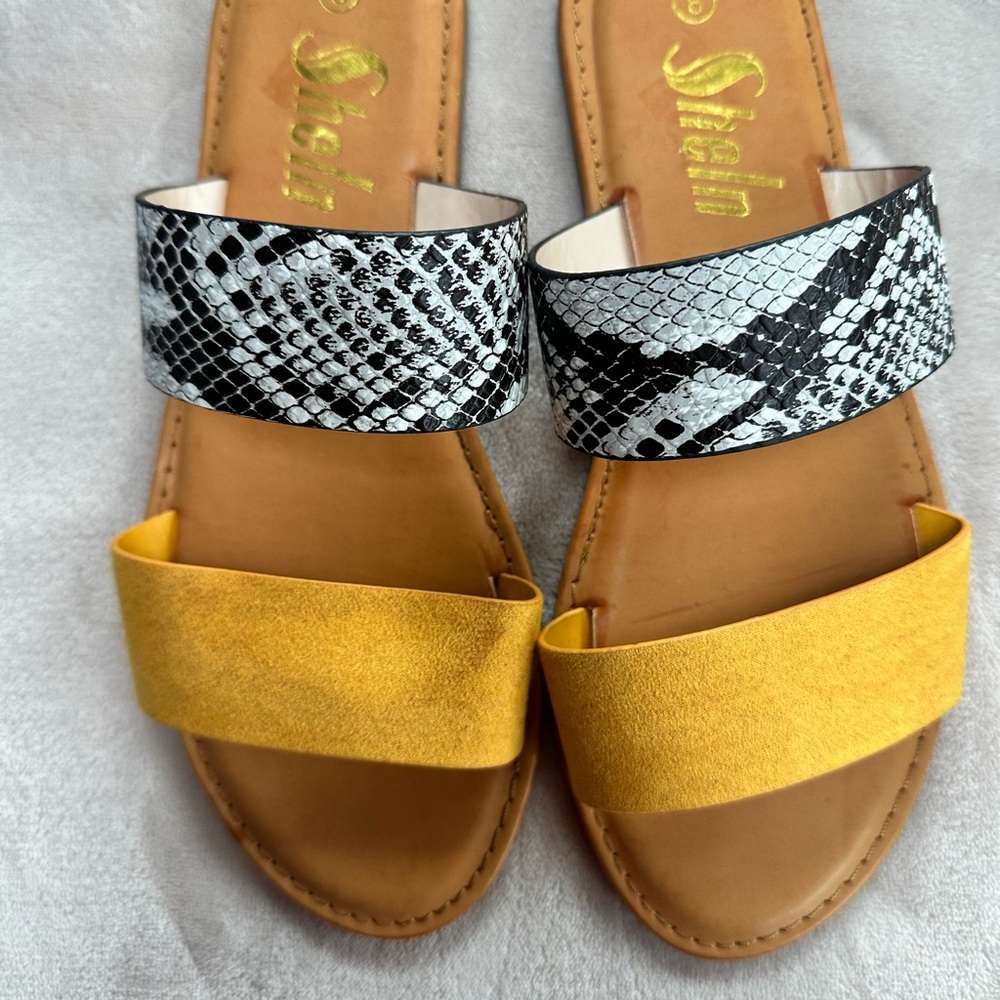 Shein Women's Yellow and Snake Print Sandals